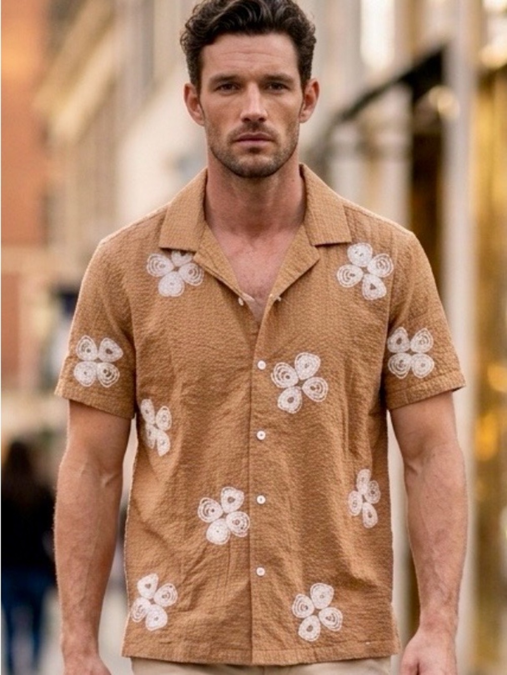 Free Planet Tan Short-Sleeve Button-Down Shirt with White Floral Appliqué